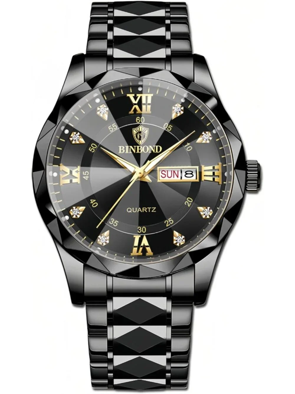 Unisex All Black Analog Stainless Steel Roman Numeral Diamond Waterproof Watch